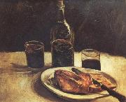 Vincent Van Gogh Still life with a Bottle,Two Glasses Cheese and Bread (nn04) France oil painting artist